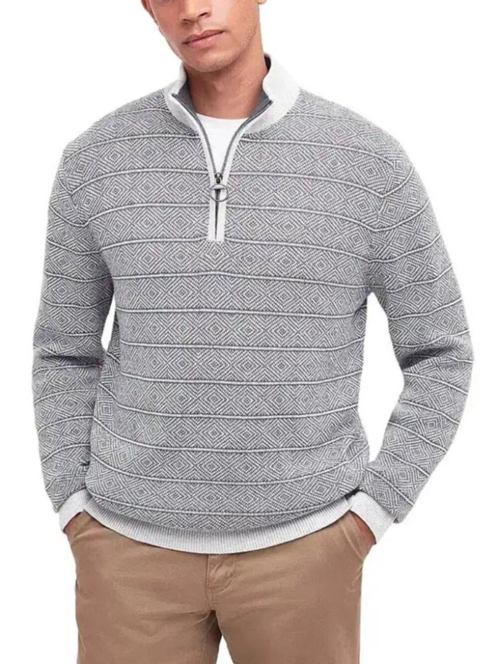 Barbour Mitford Men's Half-Zip Sweater in Whisper White + gray jacquard knit L